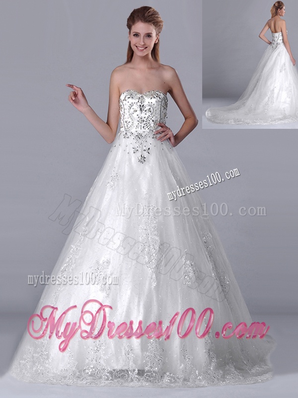 Luxurious Strapless Princess Brush Train Beaded Wedding Dress in Tulle