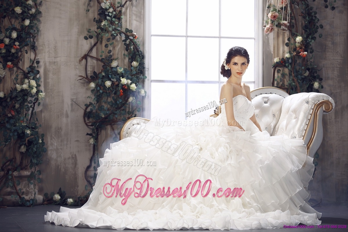 Modest 2016 Strapless Wedding Dress with Beading and Ruffles