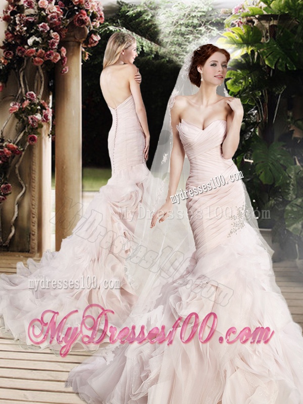 Modest Mermaid Beading and Ruffles Wedding Dresses with Brush Train