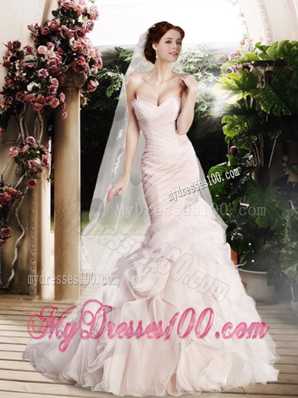Modest Mermaid Beading and Ruffles Wedding Dresses with Brush Train