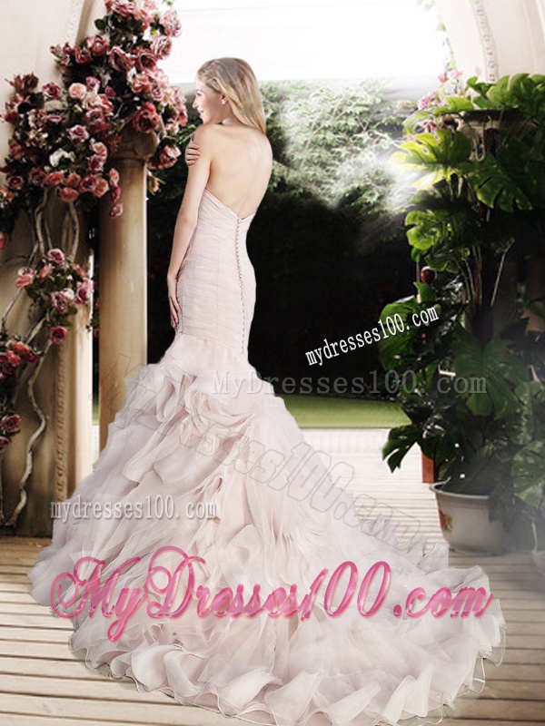 Modest Mermaid Beading and Ruffles Wedding Dresses with Brush Train