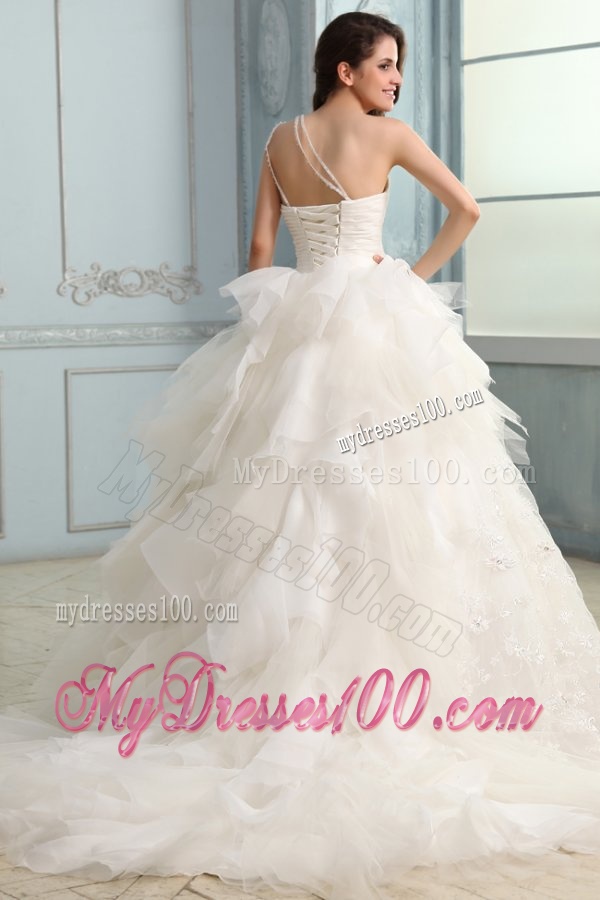 One Shoulder Ball Gown Beading and Appliques Organza Wedding Dress