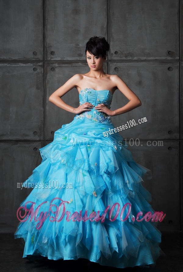 Perfect Ball Gown Appliques and Ruffles Wedding Gowns in Aqua Blue