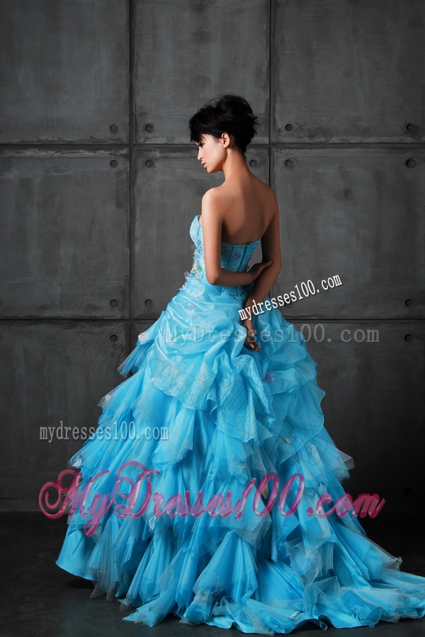 Perfect Ball Gown Appliques and Ruffles Wedding Gowns in Aqua Blue