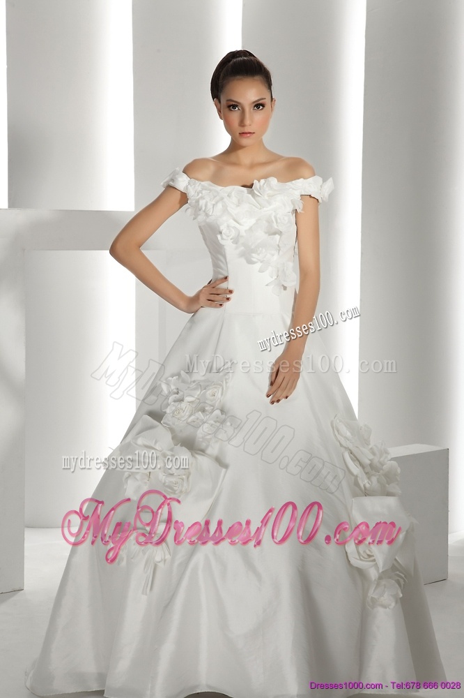 Perfect White Off Shoulder Bridal Dresses with Cathedral Train and Hand Made Flowers
