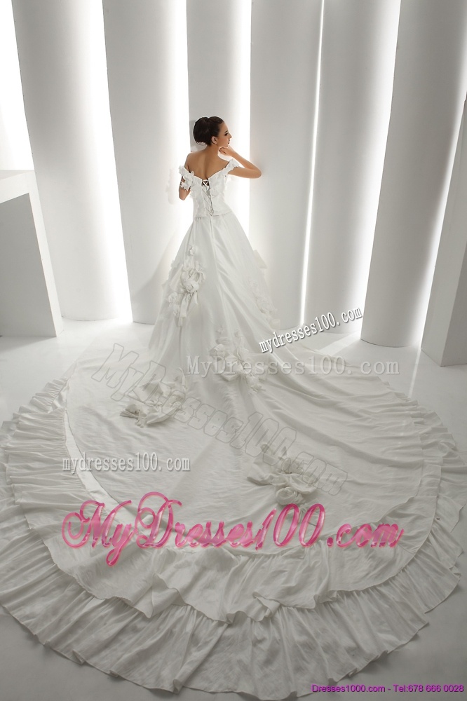 Perfect White Off Shoulder Bridal Dresses with Cathedral Train and Hand Made Flowers