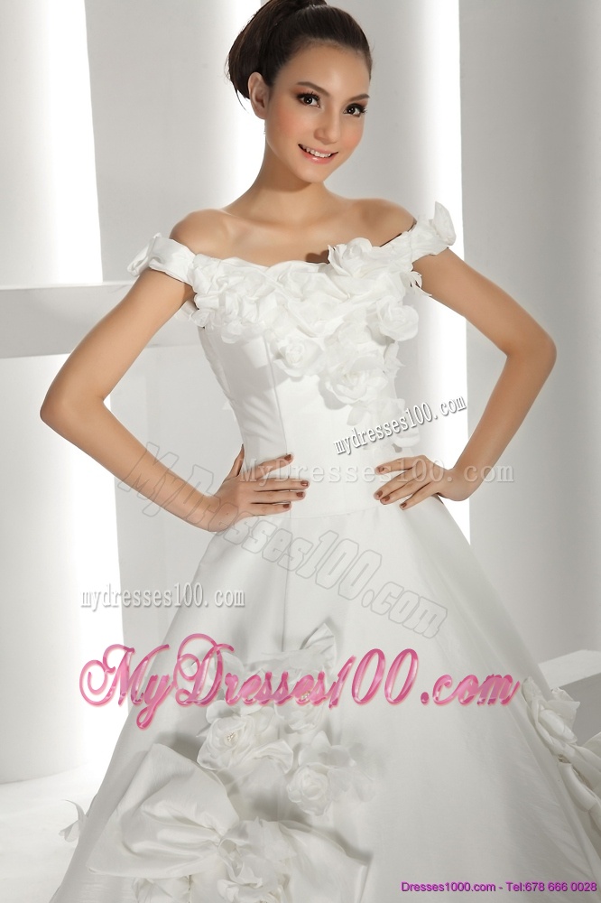 Perfect White Off Shoulder Bridal Dresses with Cathedral Train and Hand Made Flowers