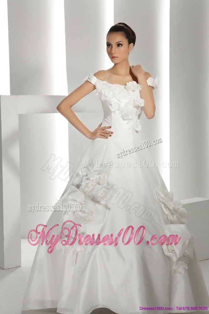 Perfect White Off Shoulder Bridal Dresses with Cathedral Train and Hand Made Flowers