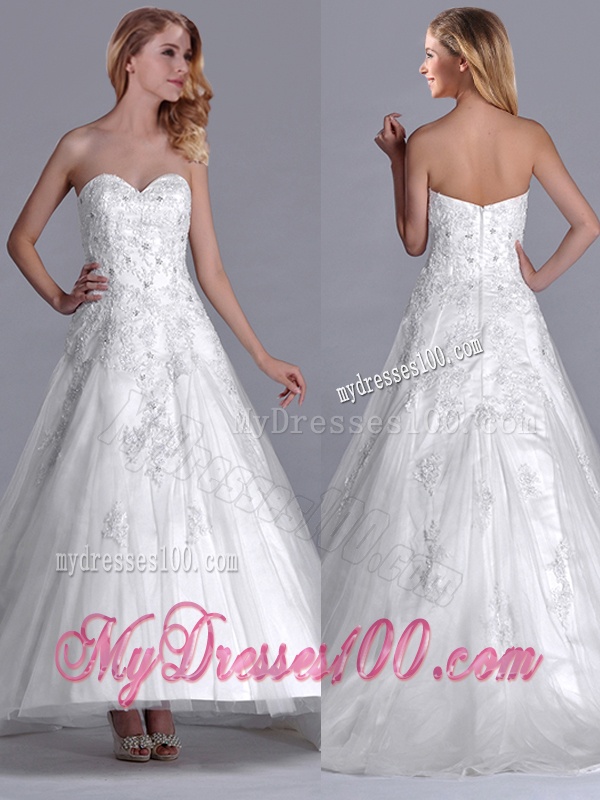 Popular A Line Brush Train Tulle Zipper Up Bridal Dress with Beading and Lace
