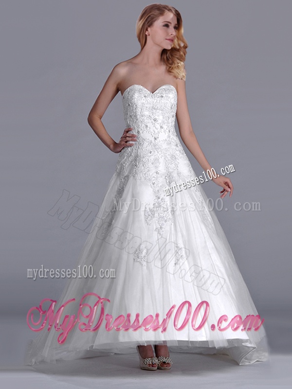 Popular A Line Brush Train Tulle Zipper Up Bridal Dress with Beading and Lace