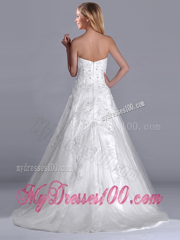 Popular A Line Brush Train Tulle Zipper Up Bridal Dress with Beading and Lace