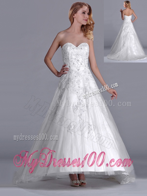 Popular A Line Brush Train Tulle Zipper Up Bridal Dress with Beading and Lace