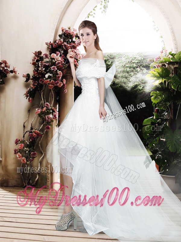 Pretty Appliques and Bowknot High Low Wedding Dresses with Cap Sleeves