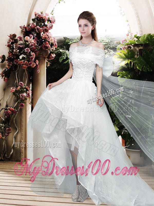 Pretty Appliques and Bowknot High Low Wedding Dresses with Cap Sleeves