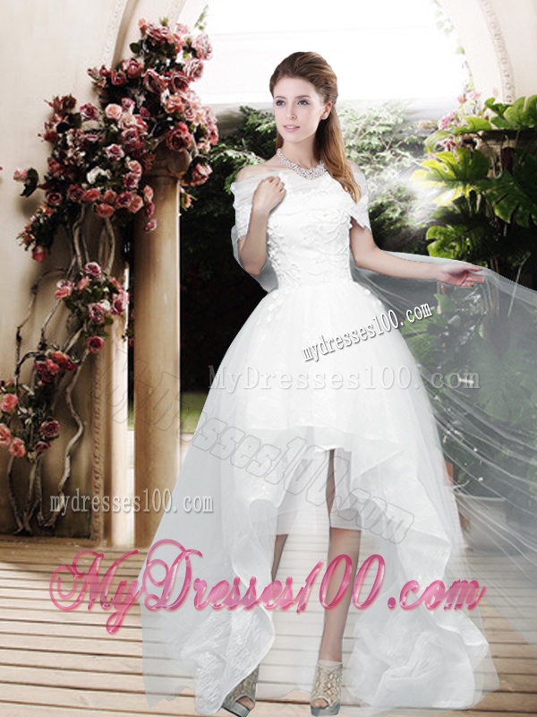 Pretty Appliques and Bowknot High Low Wedding Dresses with Cap Sleeves