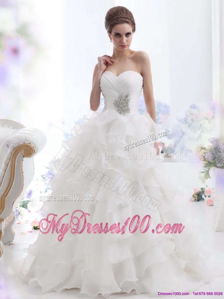 Pretty Beading and Ruffled Layers Brush Train Wedding Dresses in White
