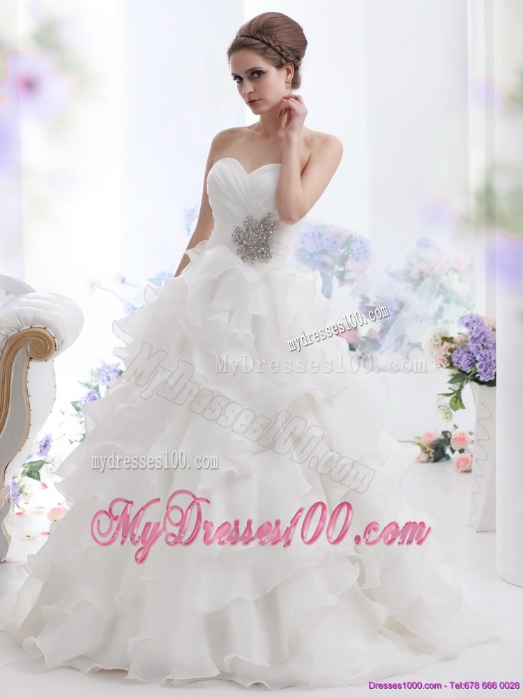 Pretty Beading and Ruffled Layers Brush Train Wedding Dresses in White