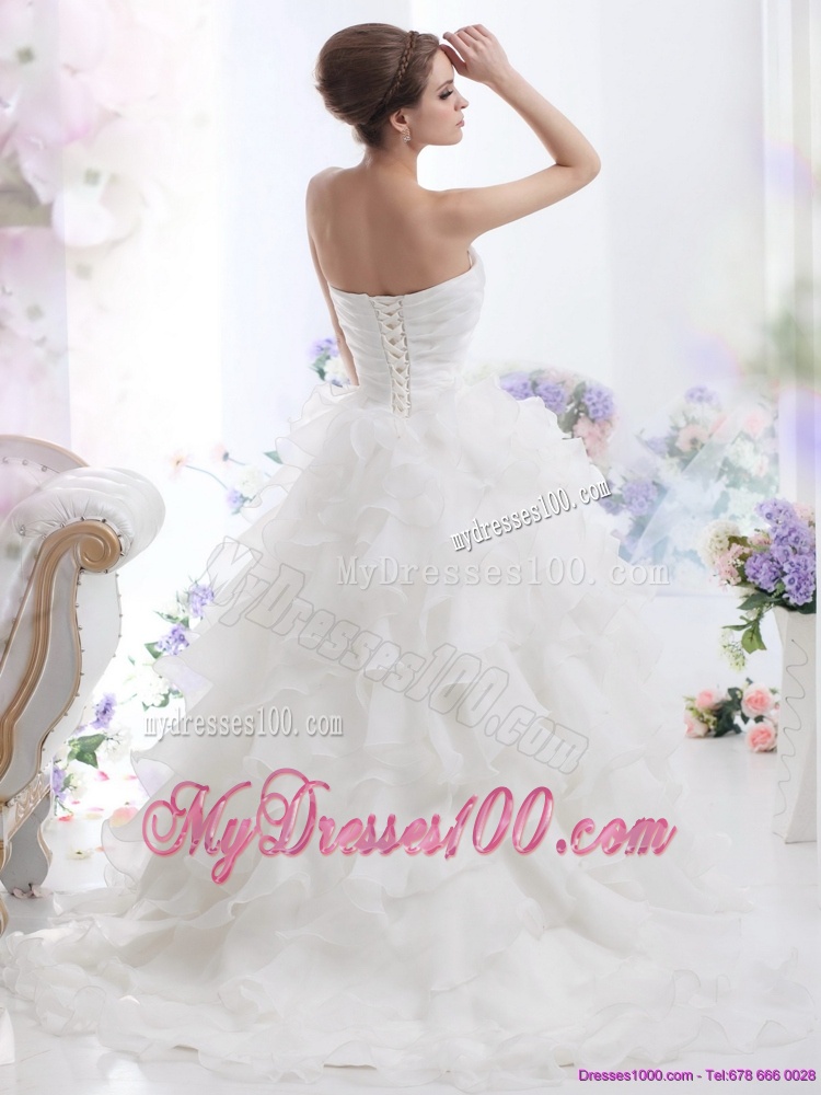 Pretty Beading and Ruffled Layers Brush Train Wedding Dresses in White