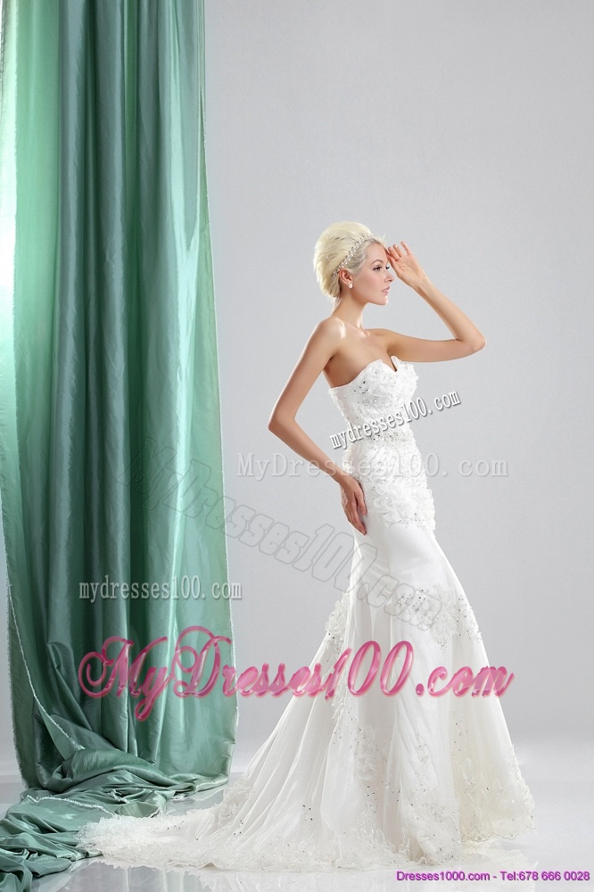 Pretty White Sweetheart Wedding Dresses with Sequins and Brush Train