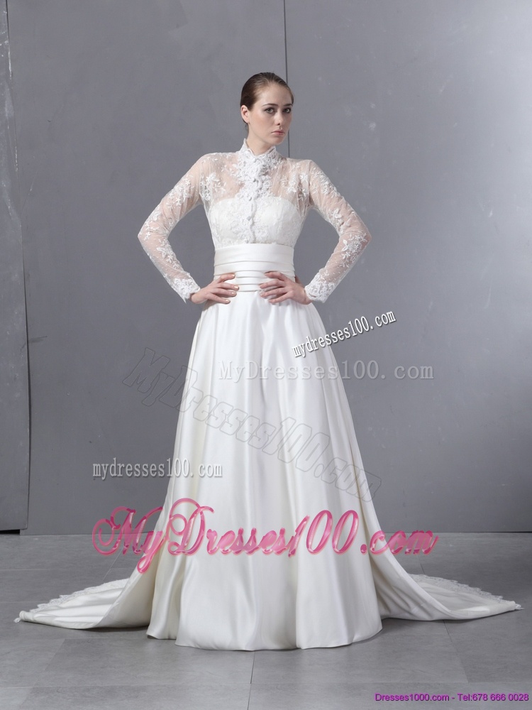 Ruched Strapless White Wedding Dresses with Brush Train