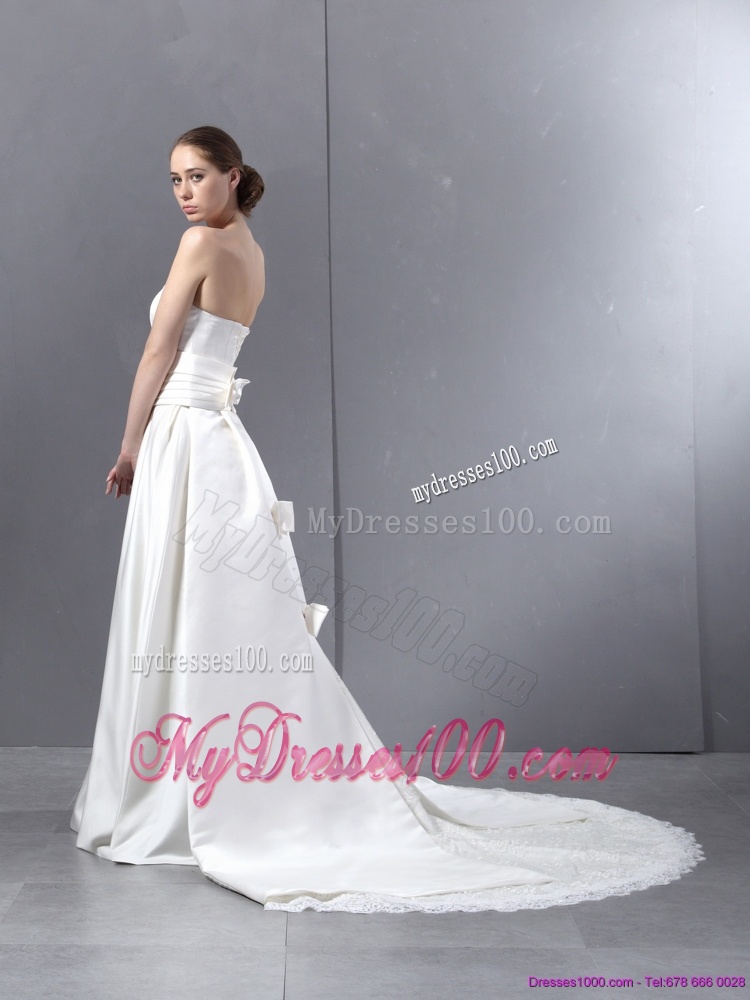 Ruched Strapless White Wedding Dresses with Brush Train