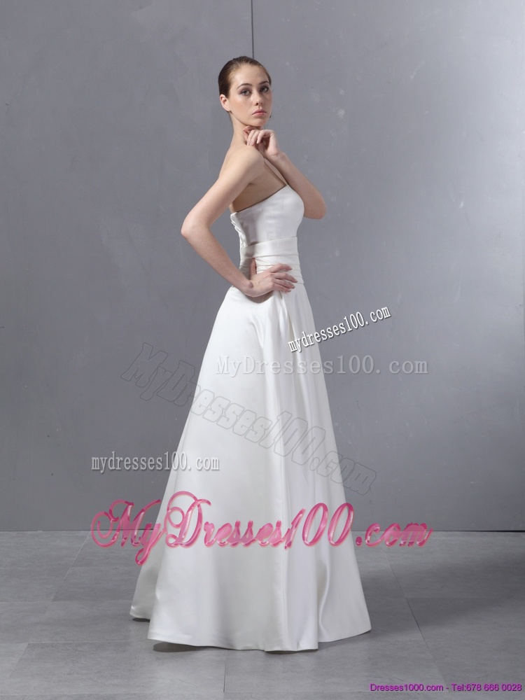 Ruched Strapless White Wedding Dresses with Brush Train