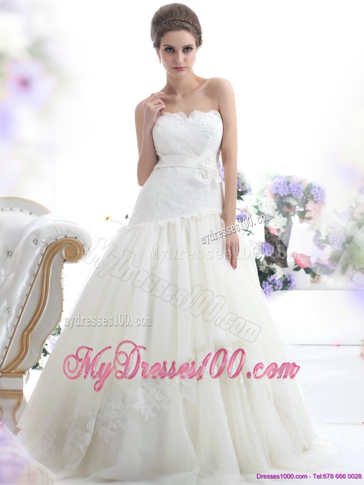 Ruffled White Strapless Wedding Dresses with Sash and Bownot