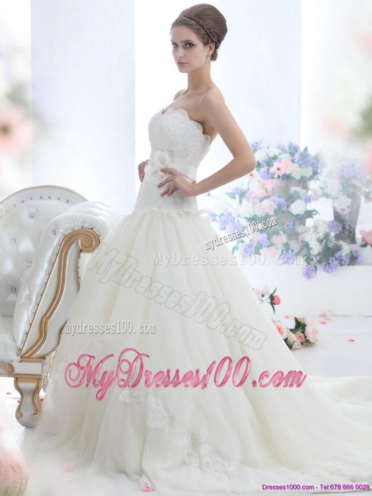 Ruffled White Strapless Wedding Dresses with Sash and Bownot