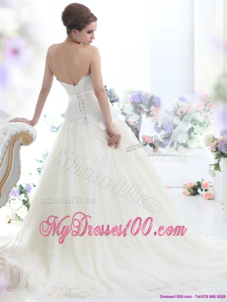 Ruffled White Strapless Wedding Dresses with Sash and Bownot