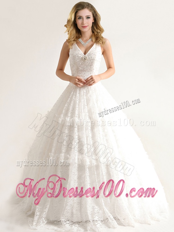 Sexy Deep V Neckline Wedding Dresses with Beading and Lace