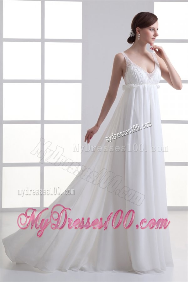 Sexy Empire V-neck Wedding Dress with Beading Brush Train