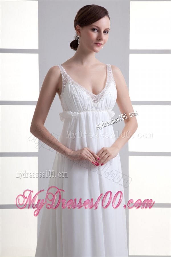 Sexy Empire V-neck Wedding Dress with Beading Brush Train