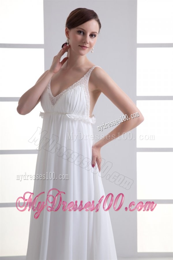 Sexy Empire V-neck Wedding Dress with Beading Brush Train