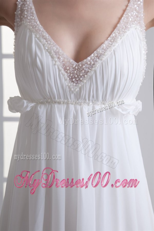 Sexy Empire V-neck Wedding Dress with Beading Brush Train