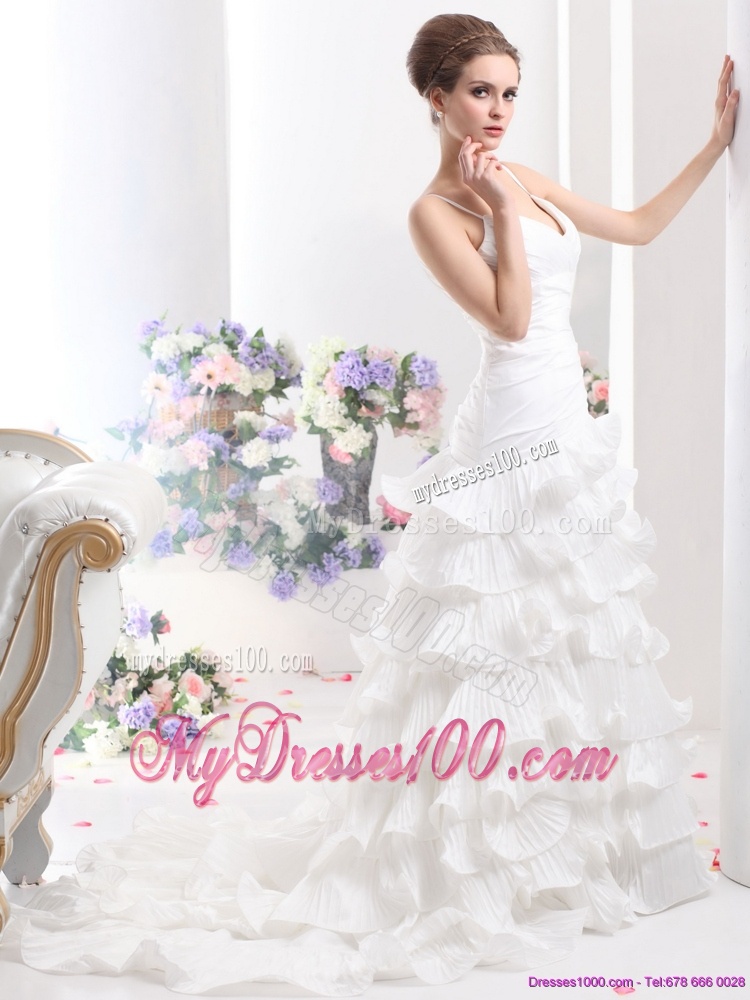 Unique Ruching White Wedding Dresses with Ruffled Layers and Brush Train