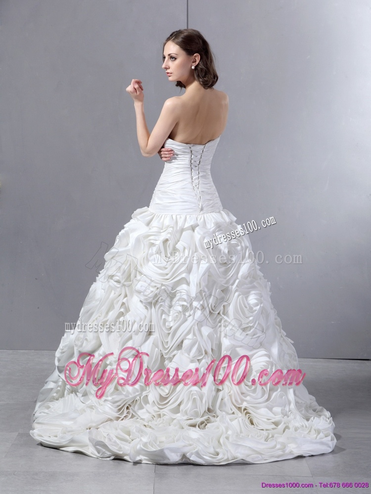 Unique White Sweetheart Wedding Dresses with Hand Made flowers and Brush Train