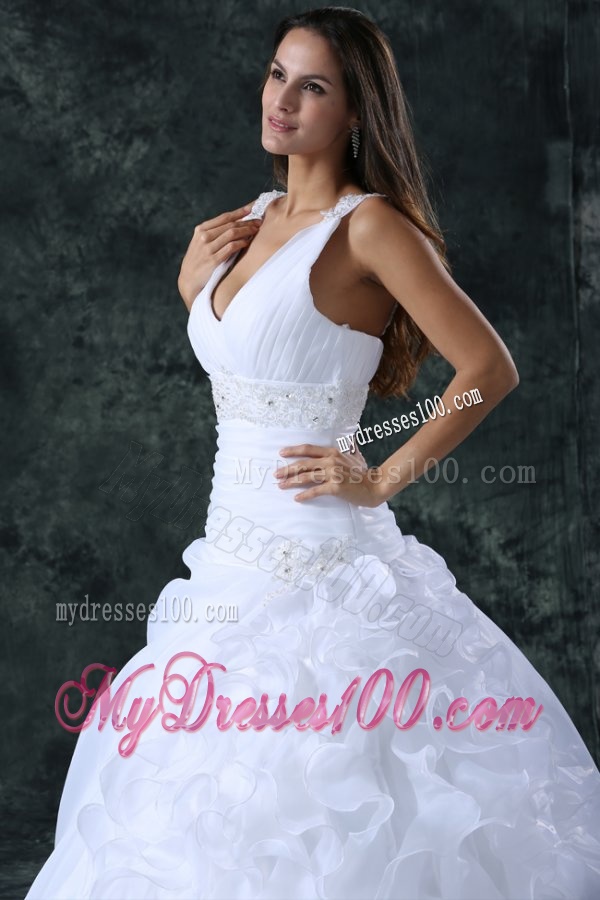 V-neck Appliques and Ruffles Sweep Train Organza Wedding Dress