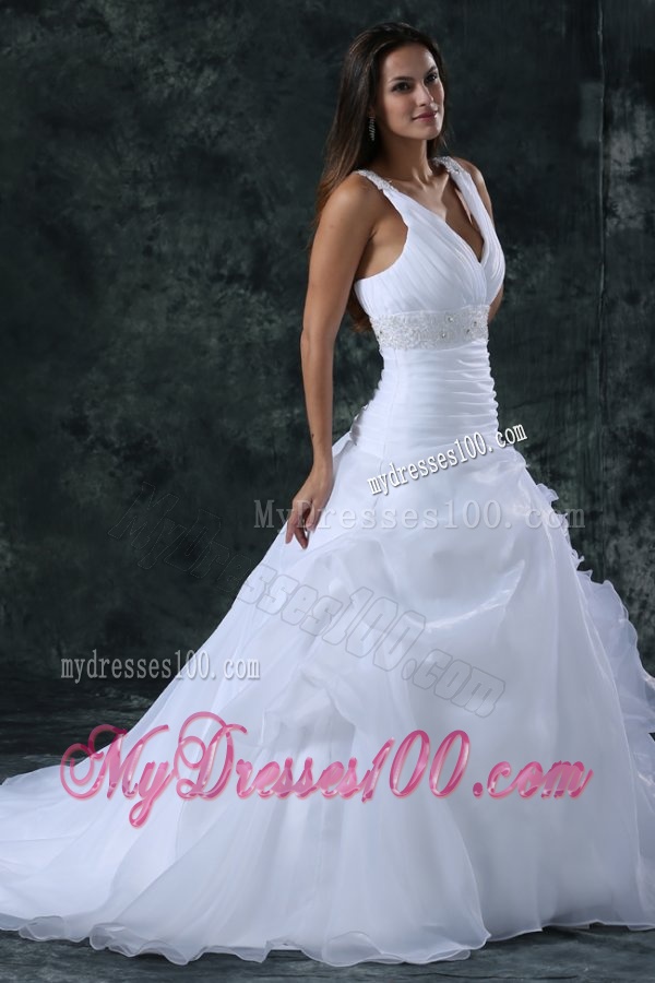 V-neck Appliques and Ruffles Sweep Train Organza Wedding Dress