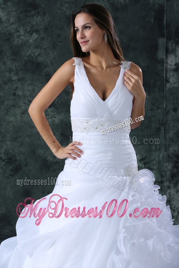 V-neck Appliques and Ruffles Sweep Train Organza Wedding Dress
