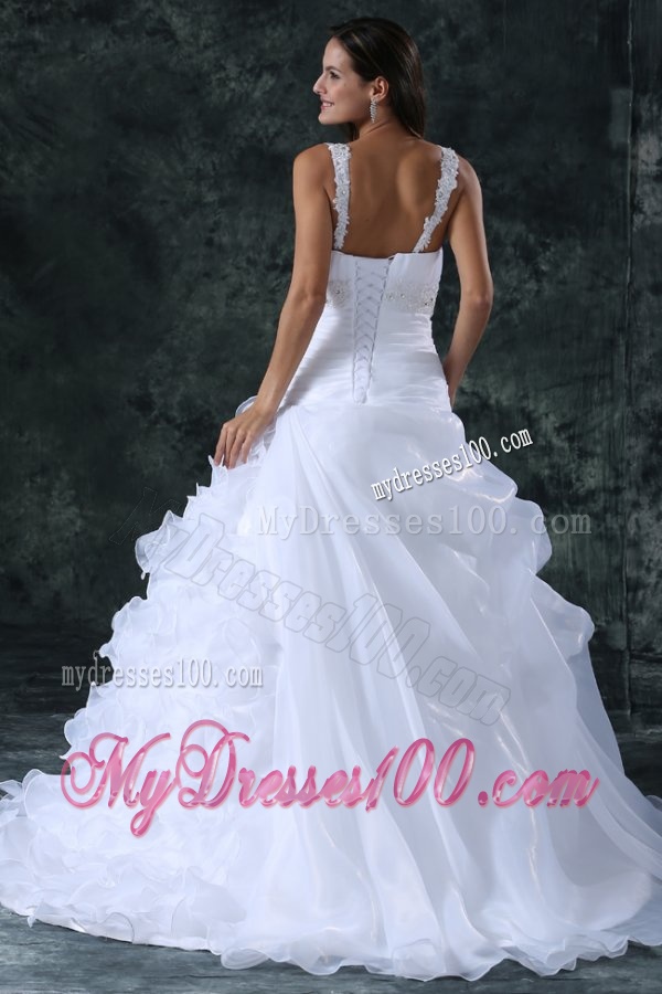 V-neck Appliques and Ruffles Sweep Train Organza Wedding Dress