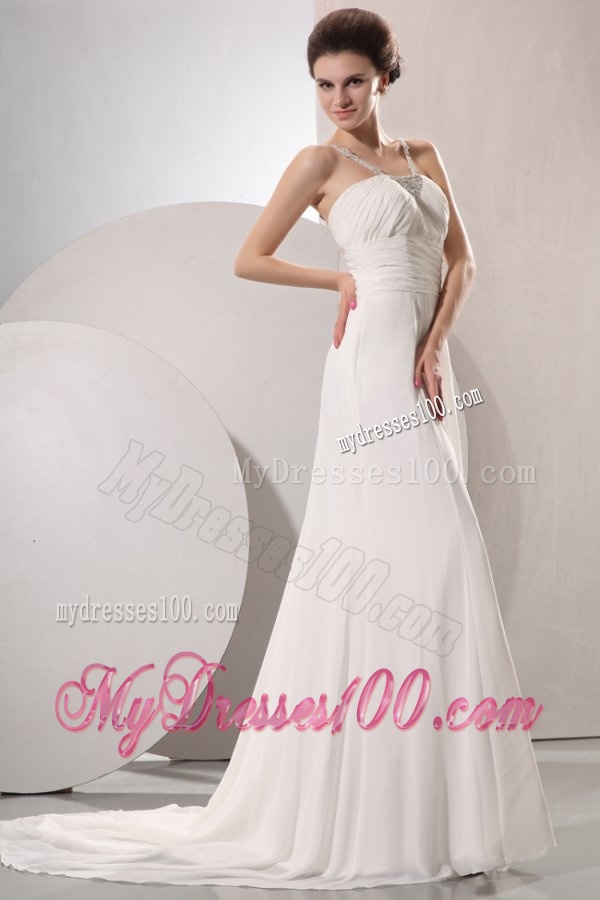 V-neck Empire Chiffon Beaded Decorate Court Train Wedding Dress