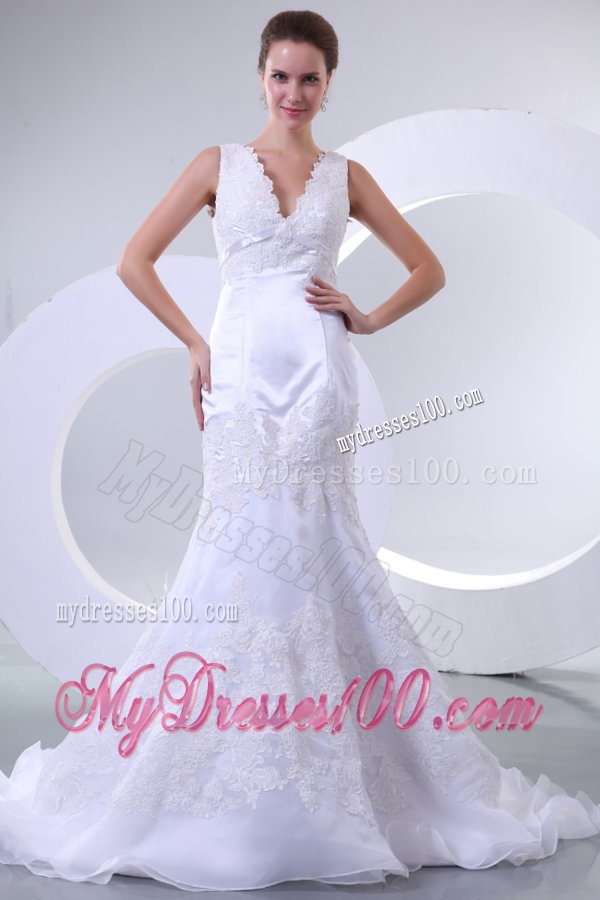 V-neck Mermaid Organza Appliques Wedding Dress for 2016 Spring