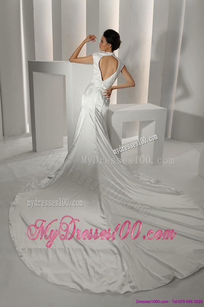 White High Neck Wedding Dresses with Cathedral Train and Beading