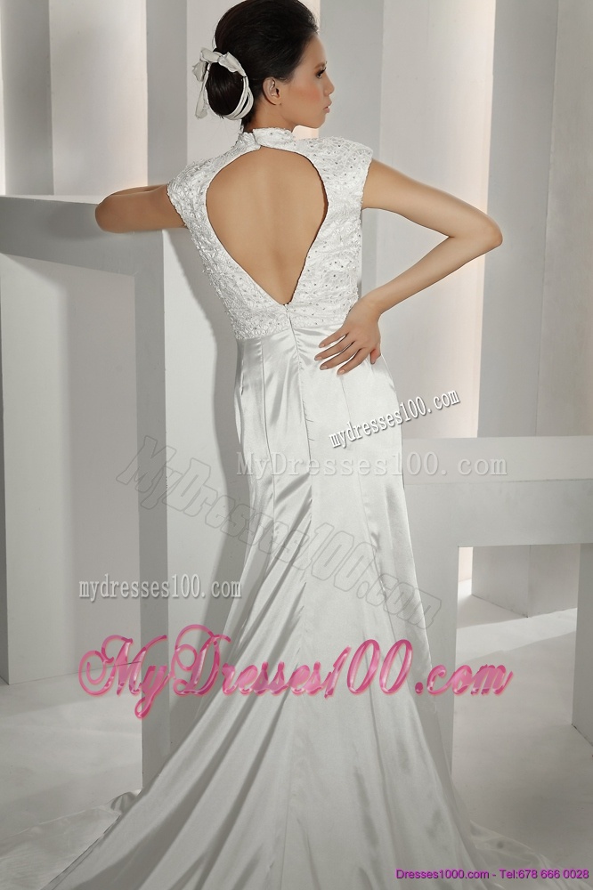 White High Neck Wedding Dresses with Cathedral Train and Beading
