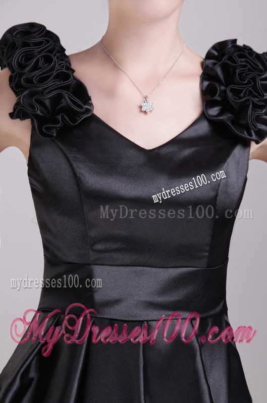 Column V-neck Mini-length Hand Made Flower Little Black Dress