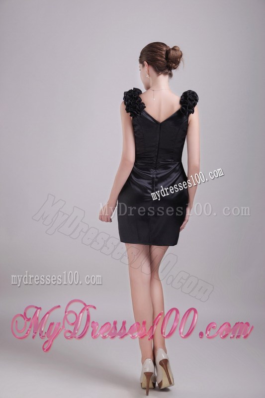 Column V-neck Mini-length Hand Made Flower Little Black Dress