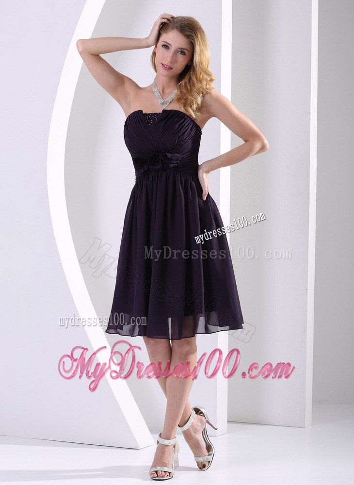 Dark Purple Hand Made Flower and Ruche Knee-length Prom Dress