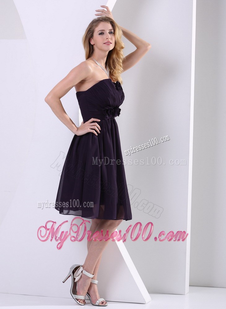 Dark Purple Hand Made Flower and Ruche Knee-length Prom Dress