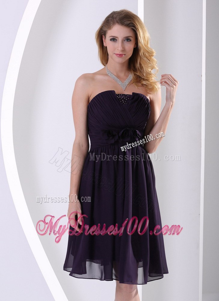 Dark Purple Hand Made Flower and Ruche Knee-length Prom Dress