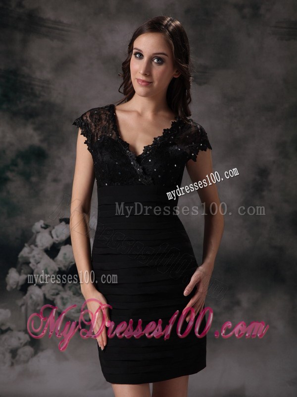 New Column V-neck Beading and Lace Mini-length Little Black Dress